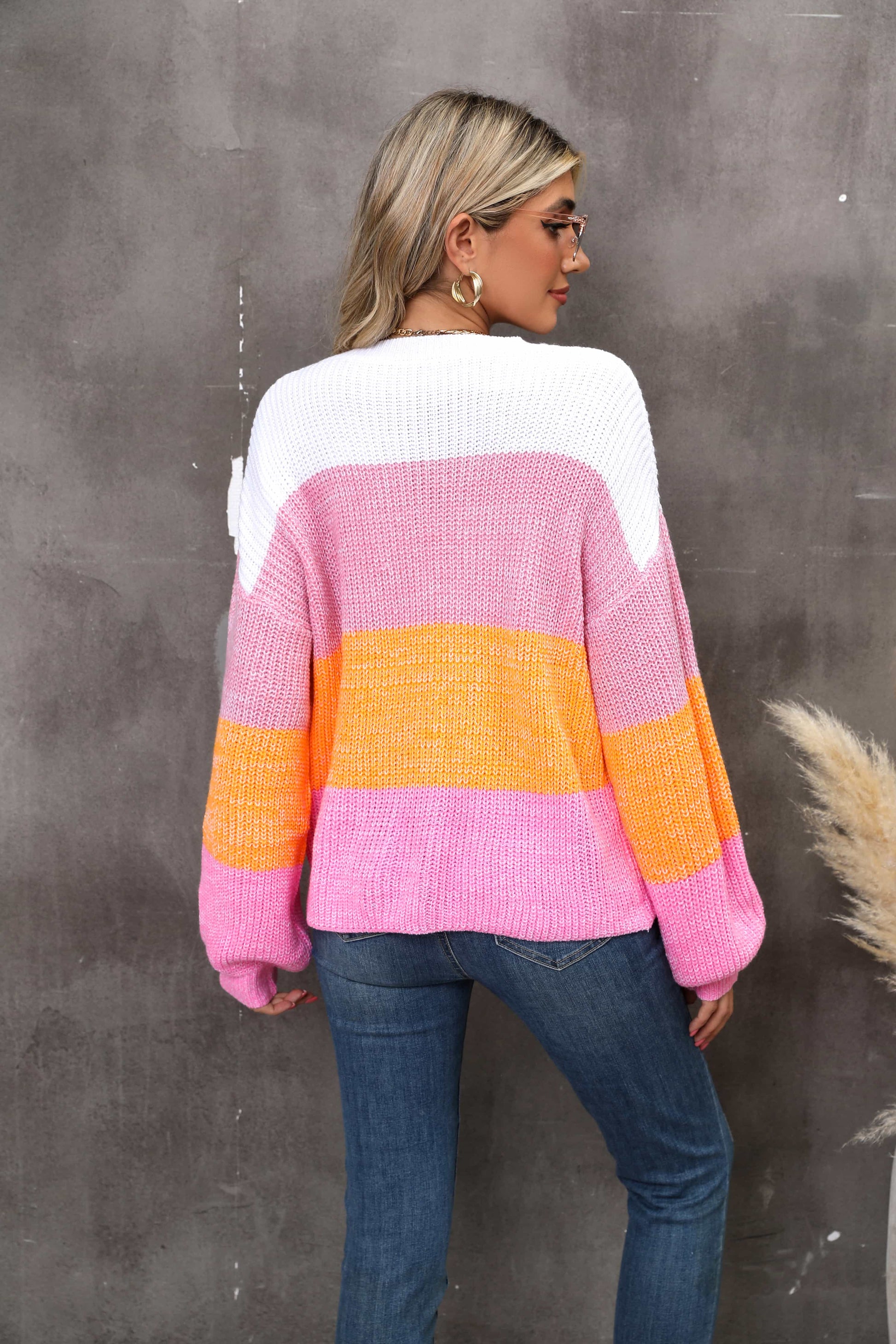 Color Block Round Neck Dropped Shoulder Sweater Print on any thing USA/STOD clothes