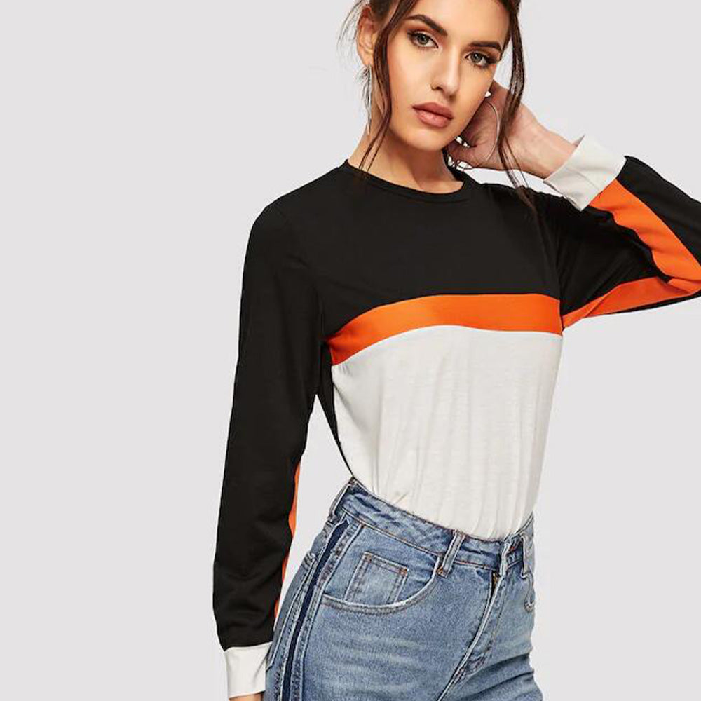 Color Block Round Neck Long Sleeve Tee Print on any thing USA/STOD clothes