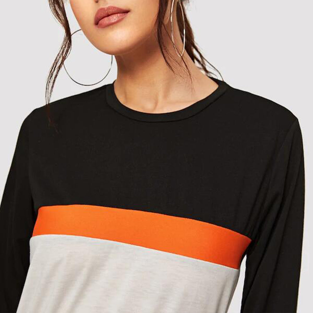 Color Block Round Neck Long Sleeve Tee Print on any thing USA/STOD clothes