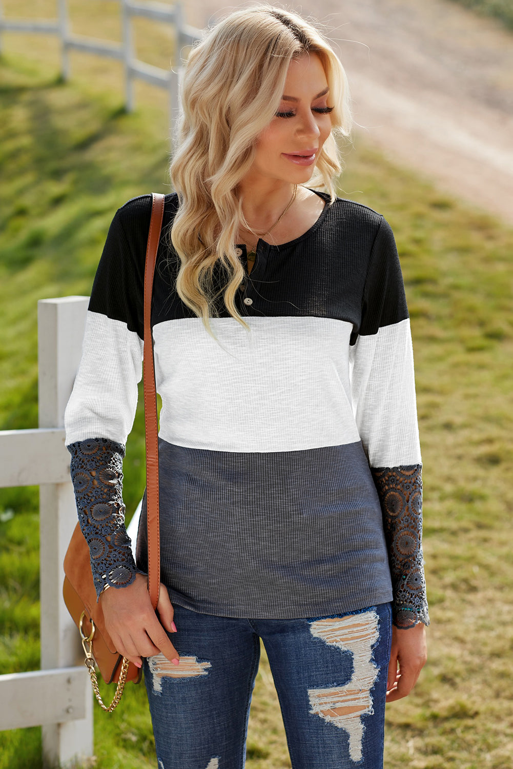 Color Block Spliced Lace Sleeve Ribbed Top Print on any thing USA/STOD clothes