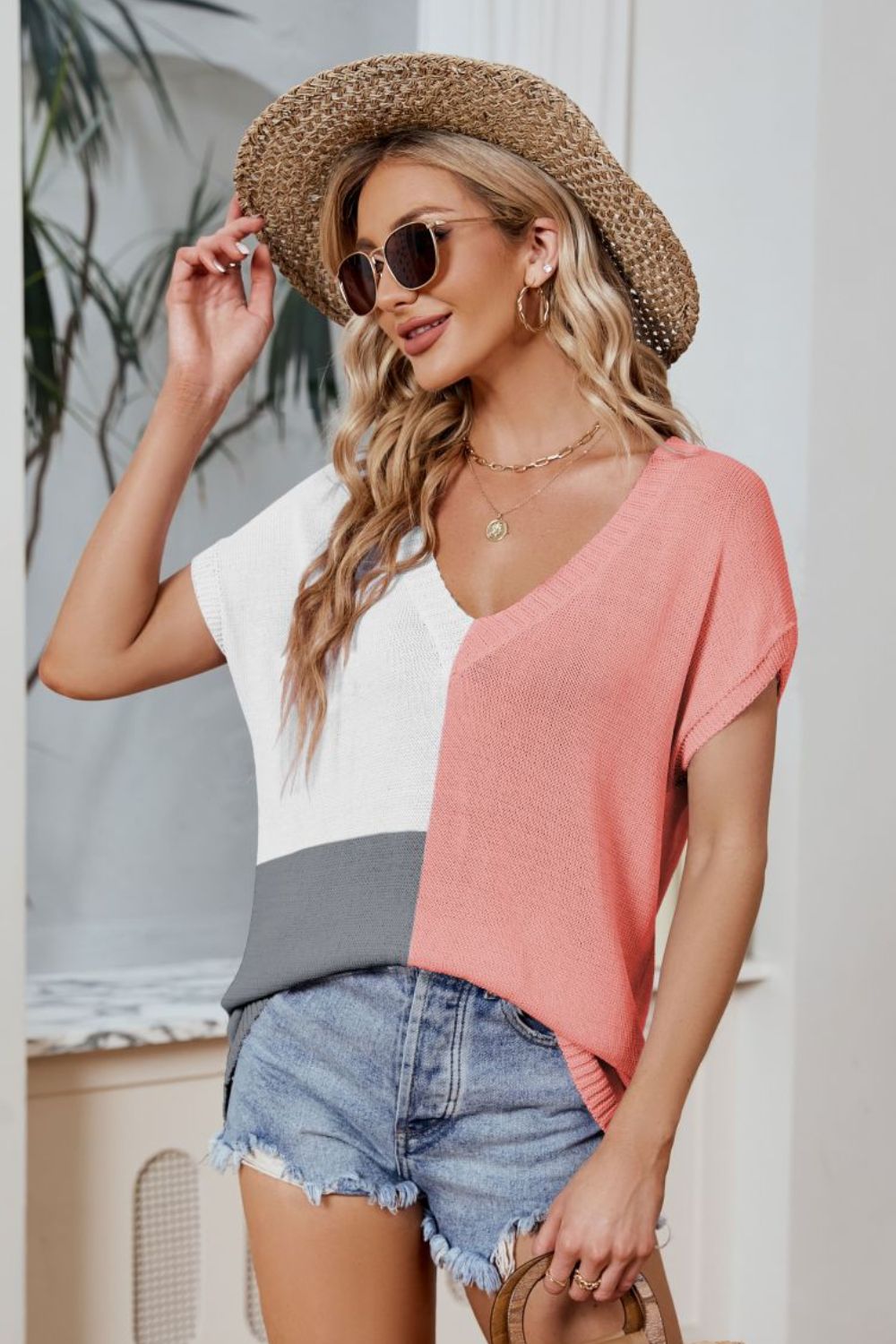Color Block V-Neck Knit Top Print on any thing USA/STOD clothes
