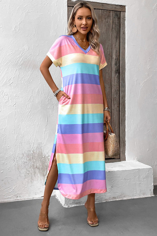 Color Block V-Neck Short Sleeve Slit Dress with Pockets Print on any thing USA/STOD clothes