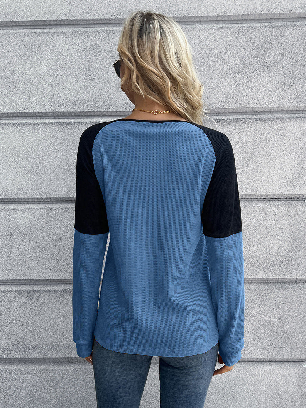 Contrast Buttoned Round Neck Raglan Sleeve Top Print on any thing USA/STOD clothes