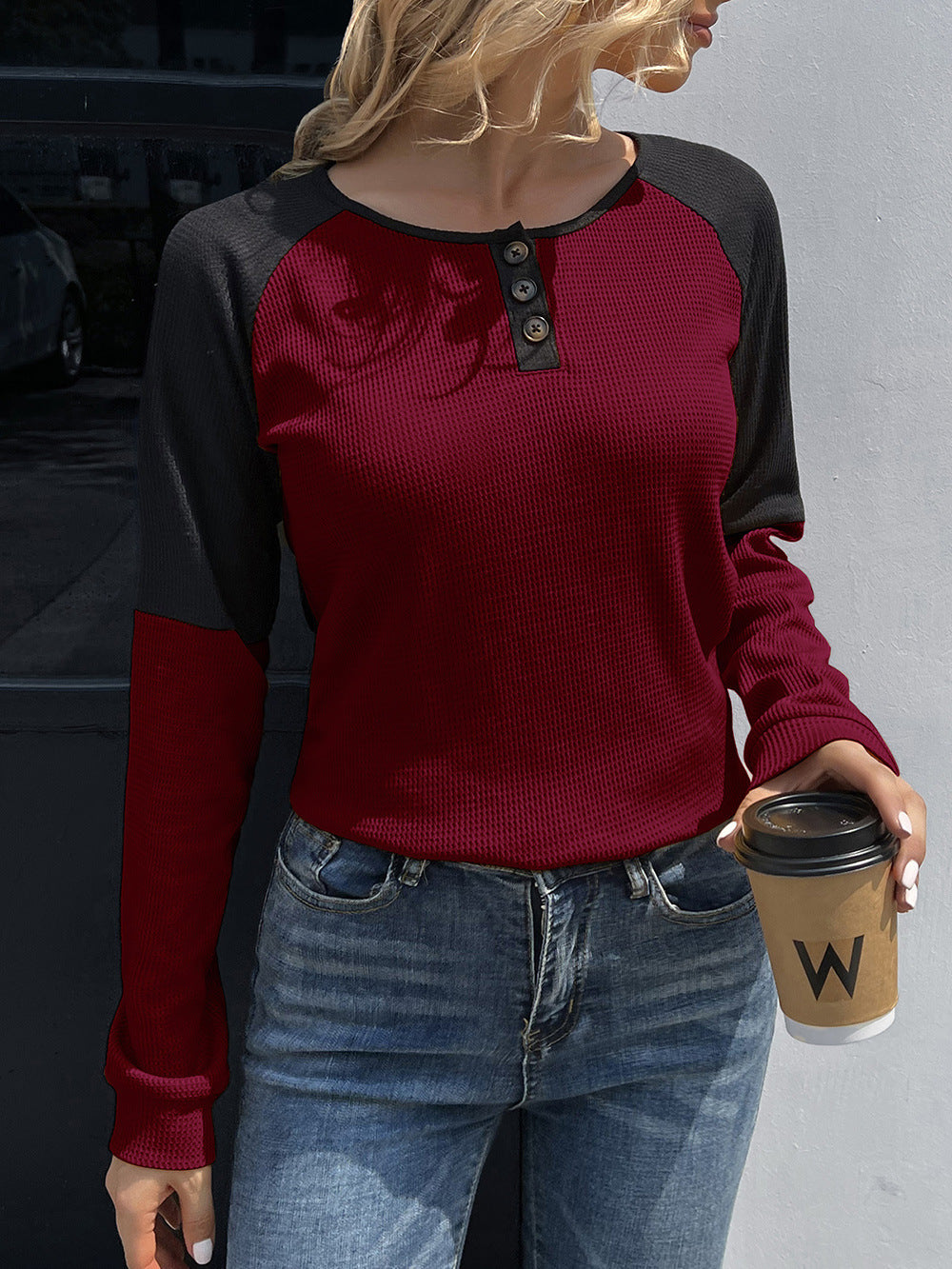 Contrast Buttoned Round Neck Raglan Sleeve Top Print on any thing USA/STOD clothes