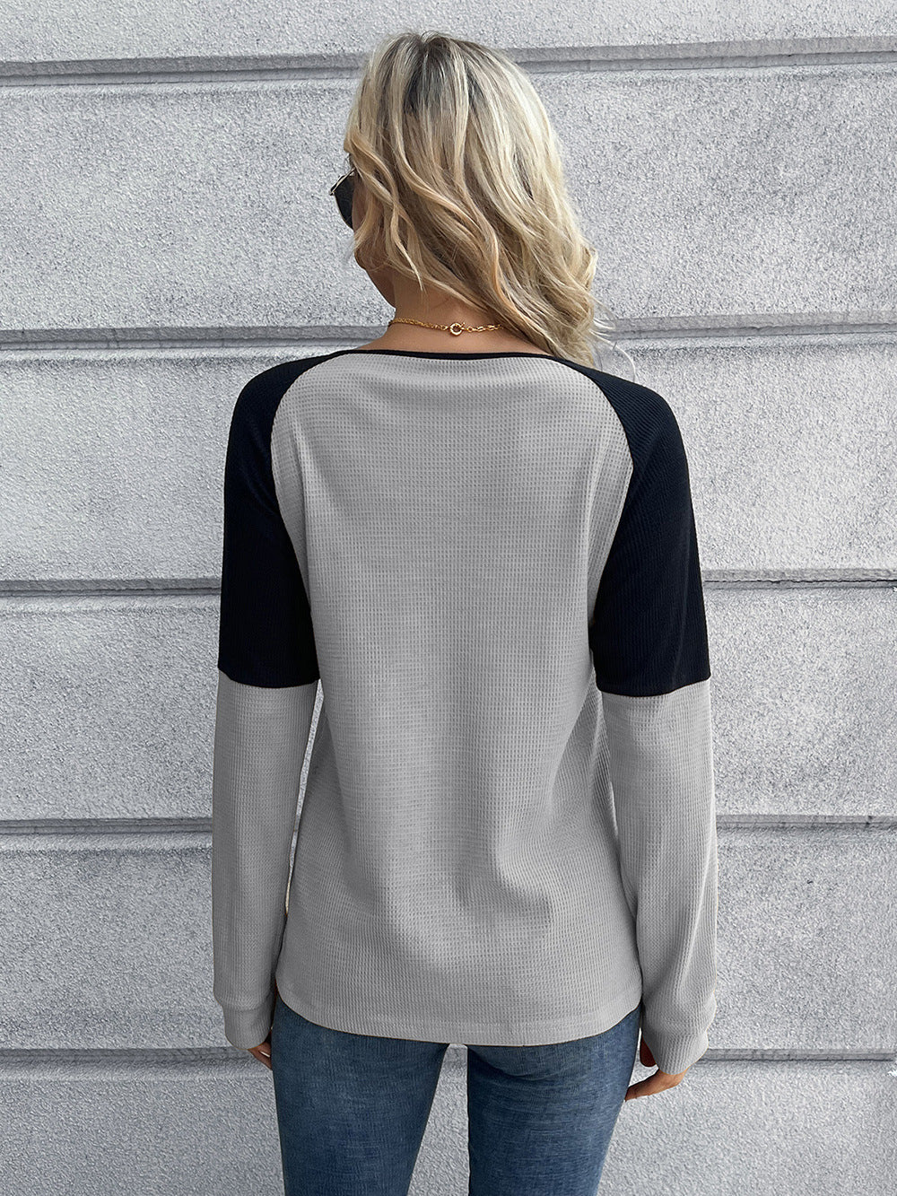 Contrast Buttoned Round Neck Raglan Sleeve Top Print on any thing USA/STOD clothes