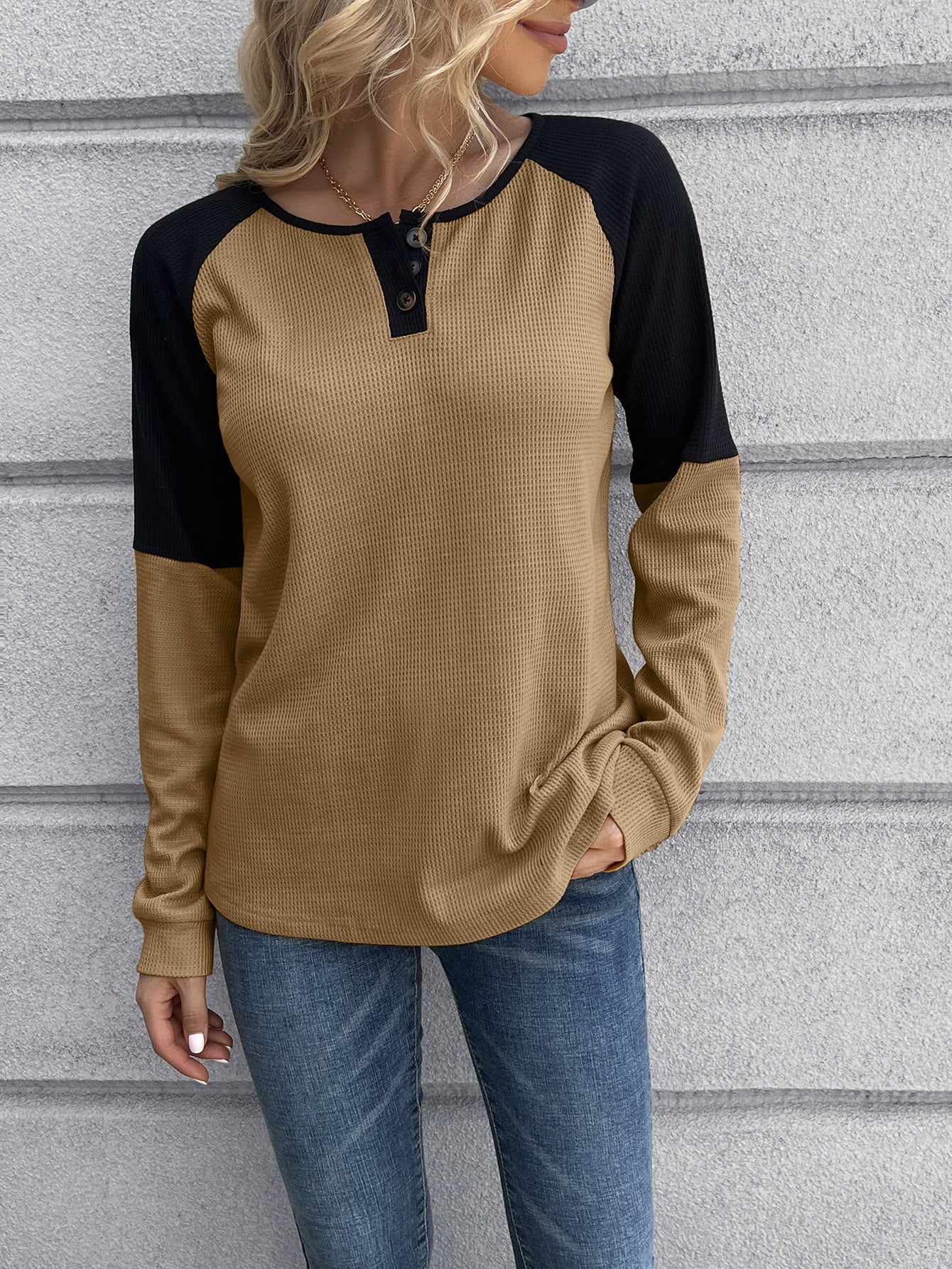 Contrast Buttoned Round Neck Raglan Sleeve Top Print on any thing USA/STOD clothes