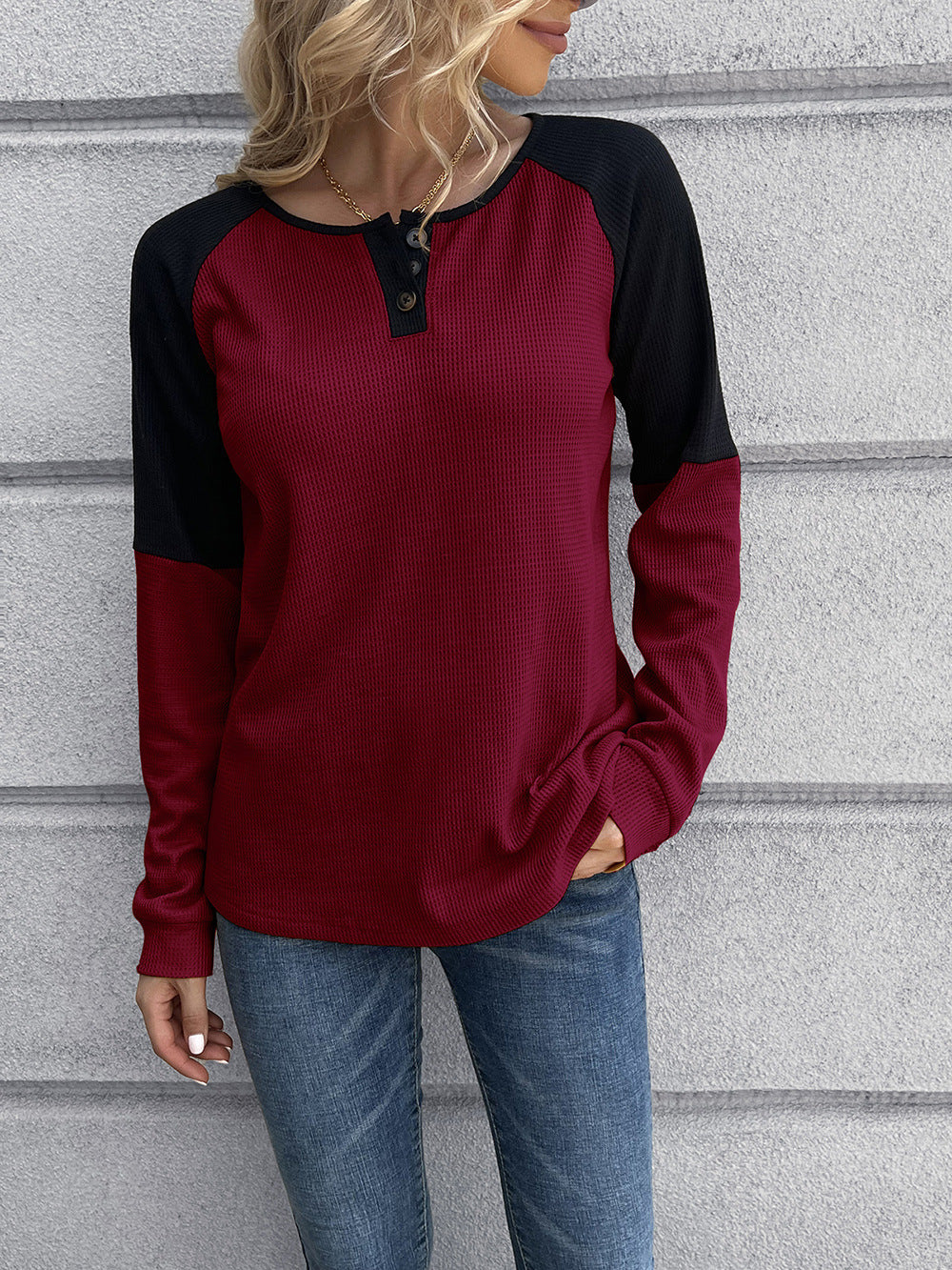 Contrast Buttoned Round Neck Raglan Sleeve Top Print on any thing USA/STOD clothes