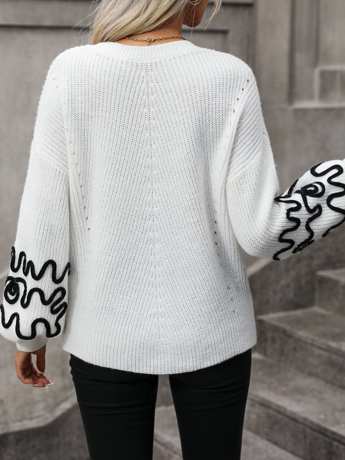 Contrast Drop Shoulder Round Neck Sweater Print on any thing USA/STOD clothes