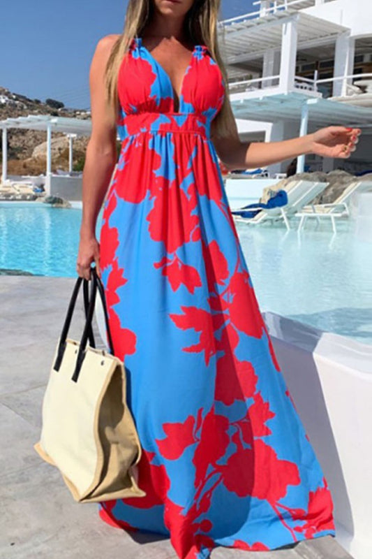 Contrast Halter Neck Maxi Dress Print on any thing USA/STOD clothes