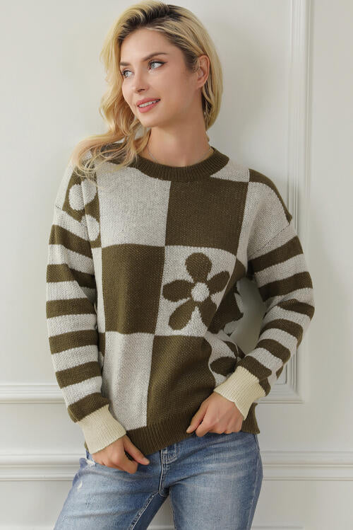 Contrast Round Neck Long Sleeve Sweater Print on any thing USA/STOD clothes