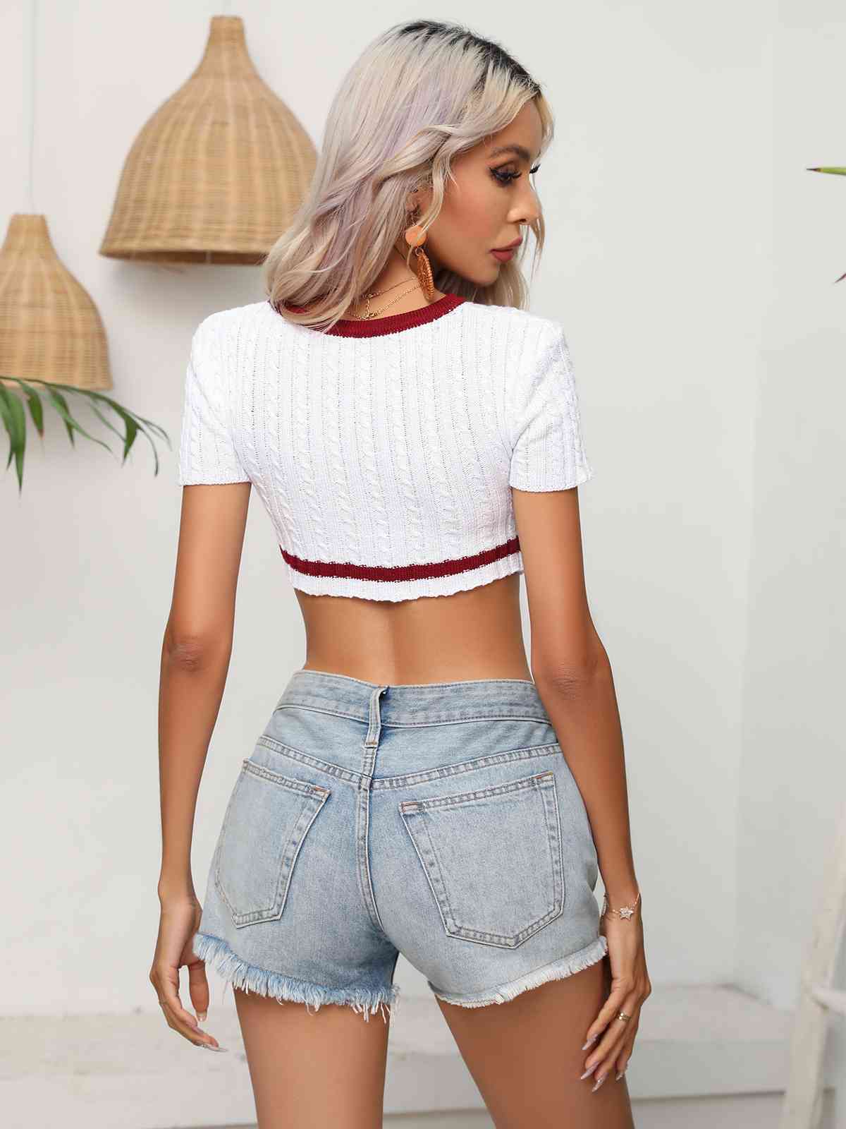 Contrast Round Neck Short Sleeve Cropped Knit Top Print on any thing USA/STOD clothes