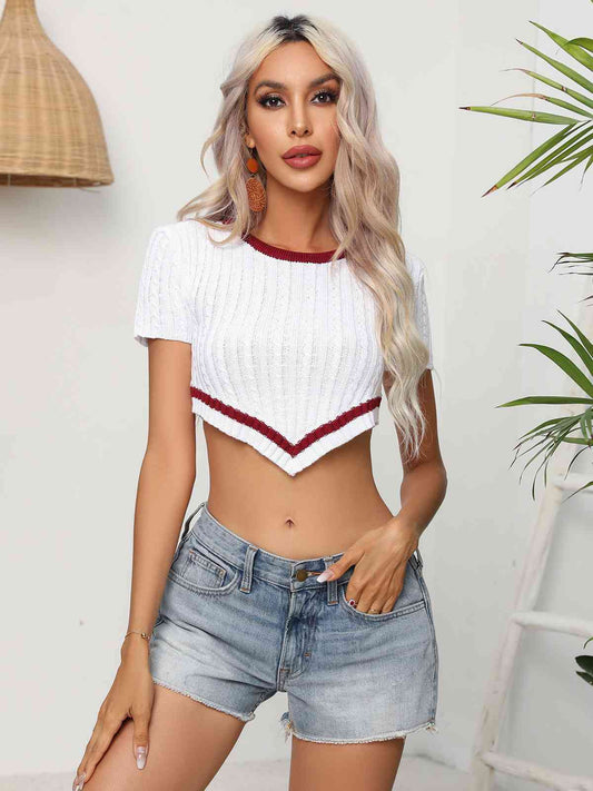 Contrast Round Neck Short Sleeve Cropped Knit Top Print on any thing USA/STOD clothes