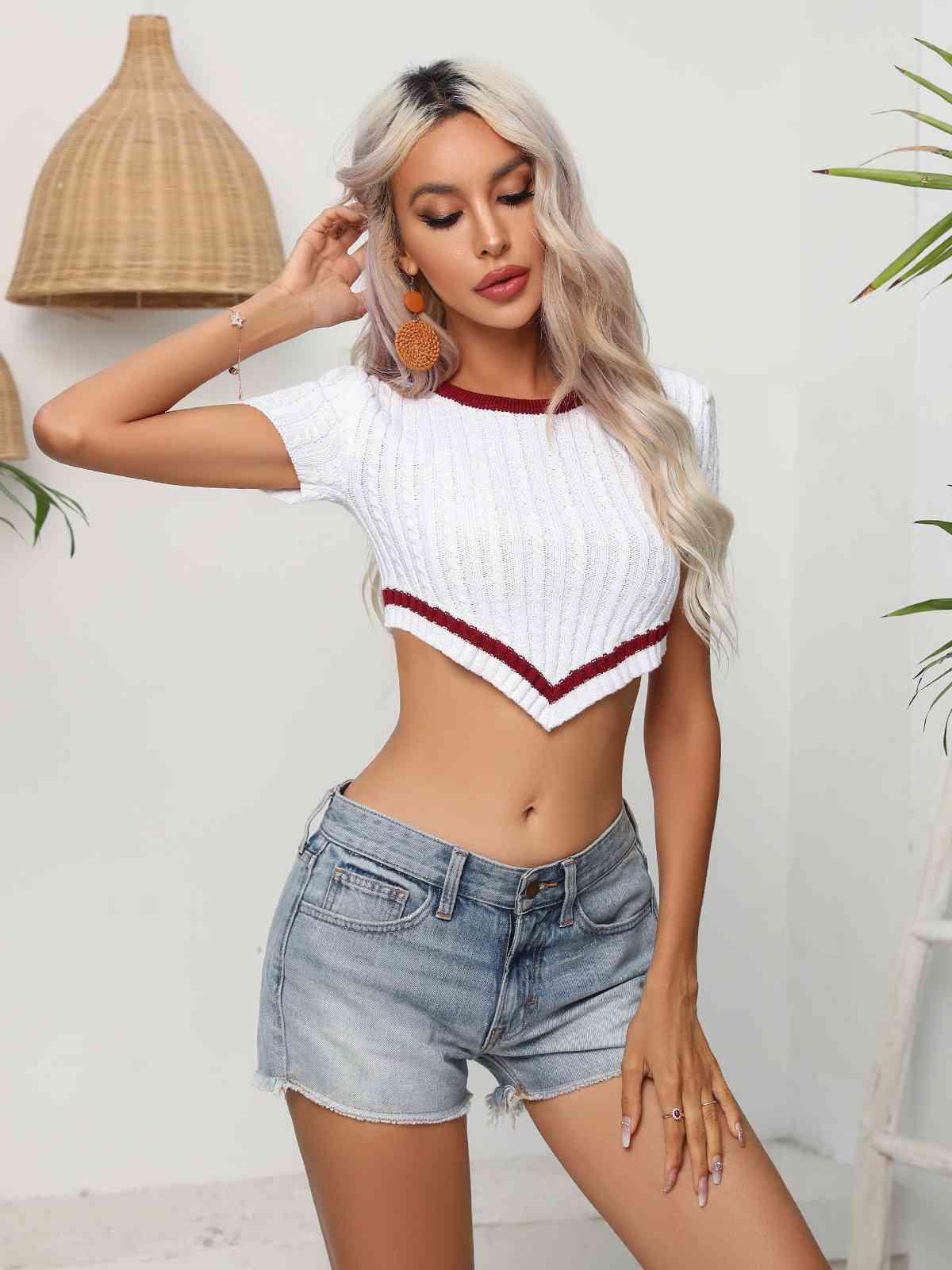 Contrast Round Neck Short Sleeve Cropped Knit Top Print on any thing USA/STOD clothes