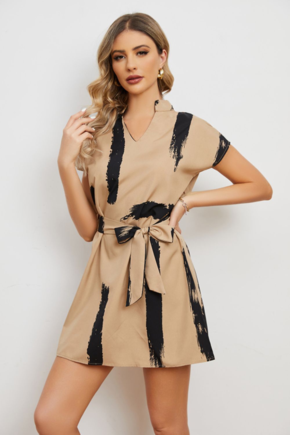 Contrast Tie Belt Notched Dress Print on any thing USA/STOD clothes