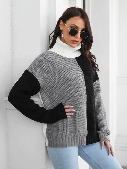 Contrast Turtleneck Long Sleeve Sweater Print on any thing USA/STOD clothes