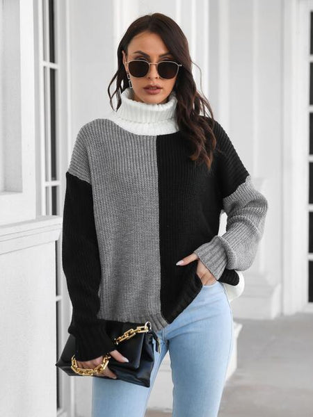 Contrast Turtleneck Long Sleeve Sweater Print on any thing USA/STOD clothes