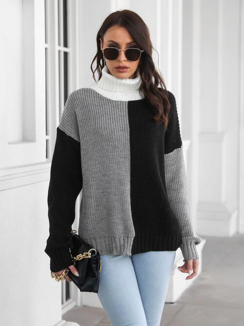 Contrast Turtleneck Long Sleeve Sweater Print on any thing USA/STOD clothes