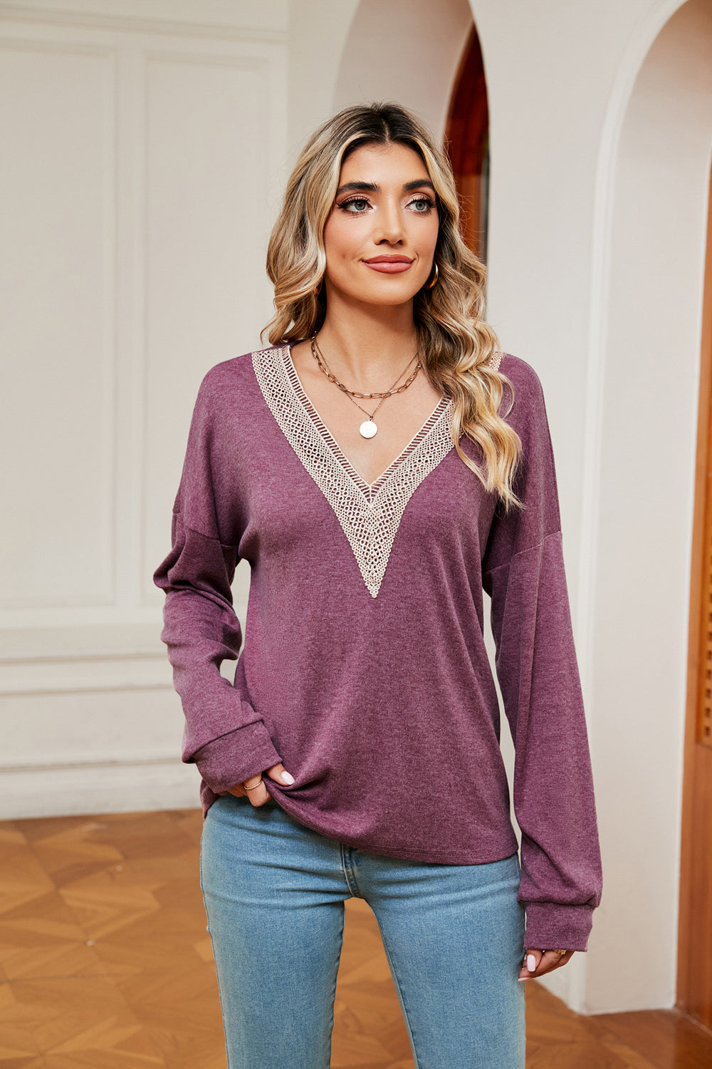 Contrast V-Neck Long Sleeve Blouse Print on any thing USA/STOD clothes