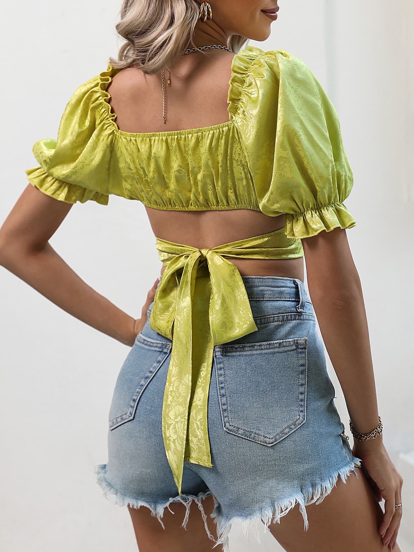 Crisscross Tie Back Flounce Sleeve Cropped Blouse Print on any thing USA/STOD clothes
