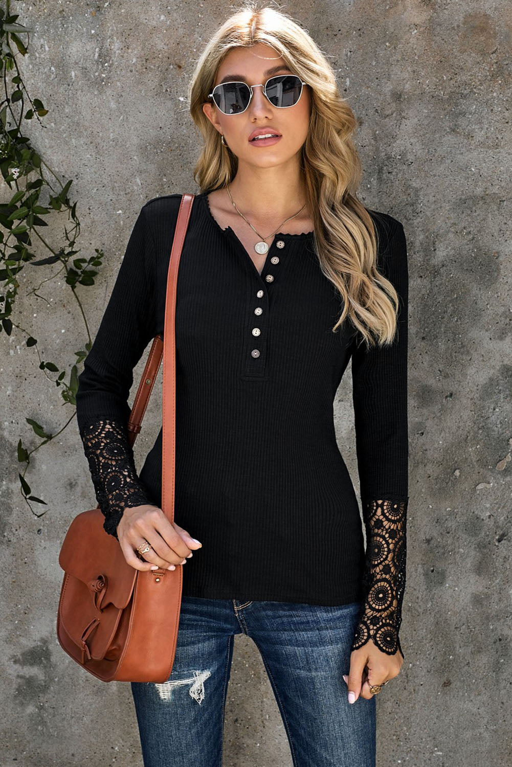 Crochet Lace Hem Sleeve Button Top Print on any thing USA/STOD clothes