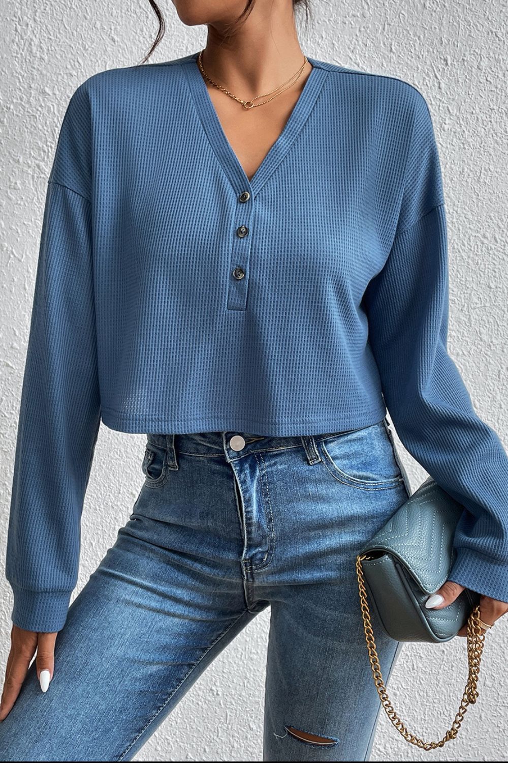 Cropped V-Neck Raglan Sleeve Buttoned Blouse Print on any thing USA/STOD clothes