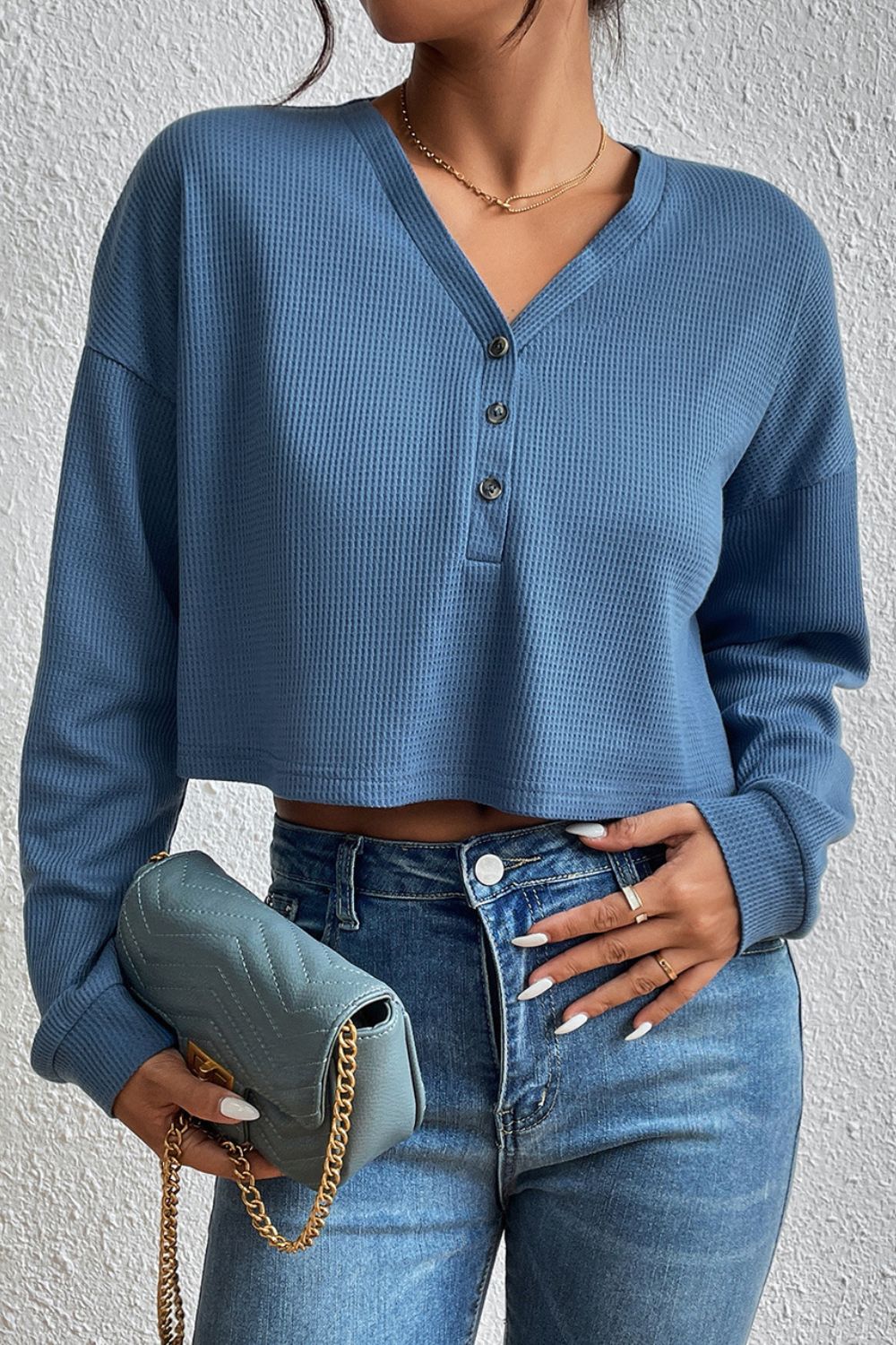 Cropped V-Neck Raglan Sleeve Buttoned Blouse Print on any thing USA/STOD clothes