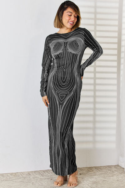 Cutout Round Neck Long Sleeve Maxi Dress Print on any thing USA/STOD clothes