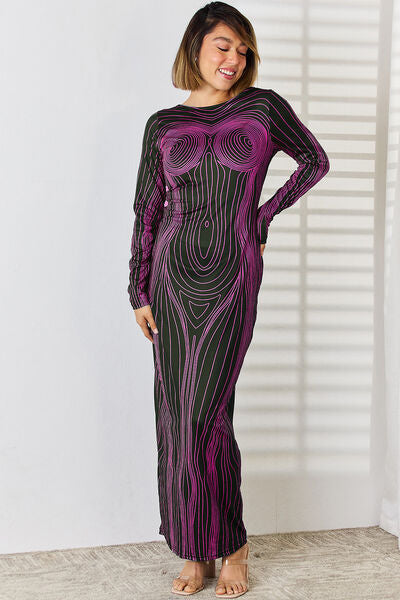 Cutout Round Neck Long Sleeve Maxi Dress Print on any thing USA/STOD clothes