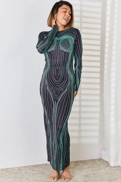 Cutout Round Neck Long Sleeve Maxi Dress Print on any thing USA/STOD clothes