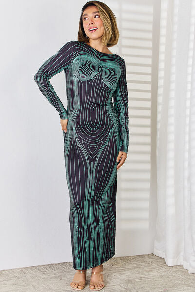 Cutout Round Neck Long Sleeve Maxi Dress Print on any thing USA/STOD clothes