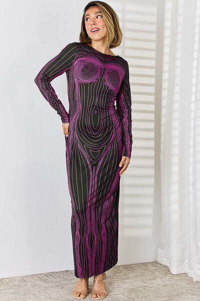 Cutout Round Neck Long Sleeve Maxi Dress Print on any thing USA/STOD clothes