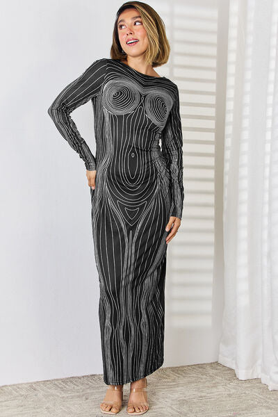 Cutout Round Neck Long Sleeve Maxi Dress Print on any thing USA/STOD clothes