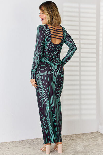 Cutout Round Neck Long Sleeve Maxi Dress Print on any thing USA/STOD clothes