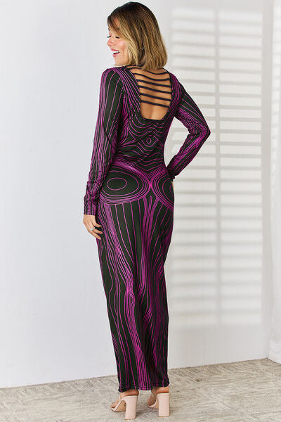 Cutout Round Neck Long Sleeve Maxi Dress Print on any thing USA/STOD clothes