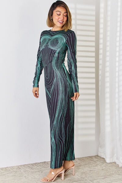 Cutout Round Neck Long Sleeve Maxi Dress Print on any thing USA/STOD clothes