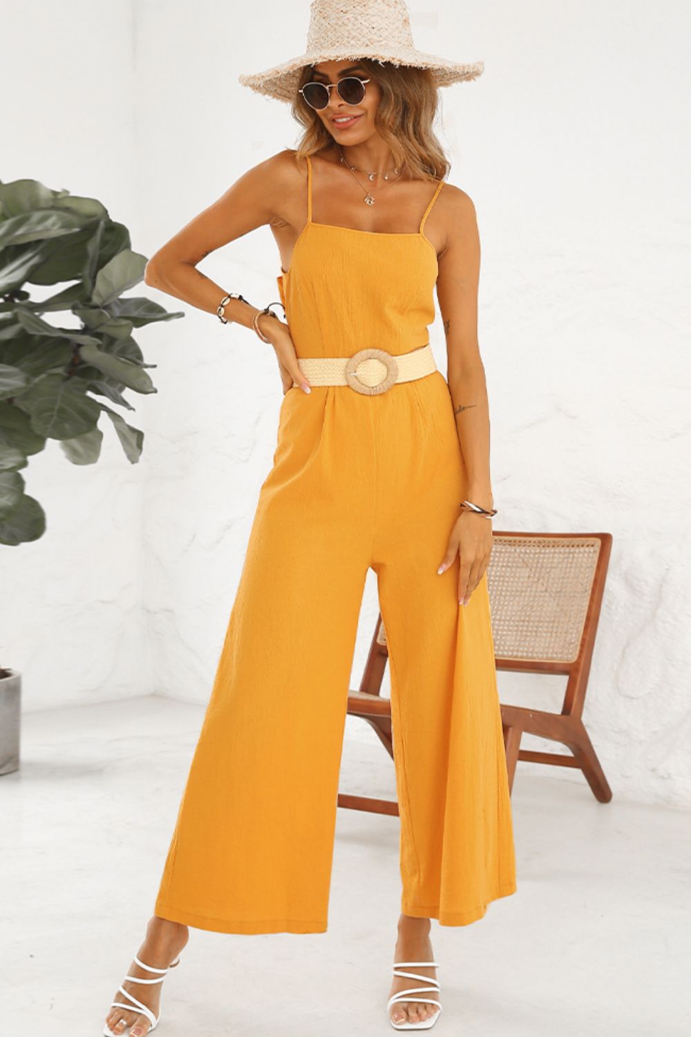 Cutout Spaghetti Strap Tie Back Wide Leg Jumpsuit Print on any thing USA/STOD clothes