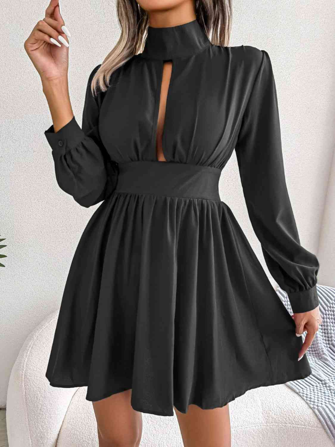 Cutout Turtleneck A-Line Mini Dress Print on any thing USA/STOD clothes