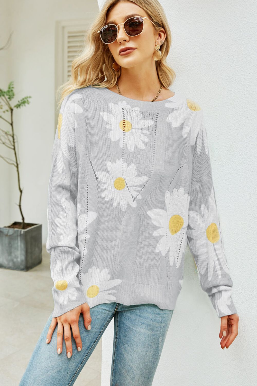 Daisy Print Openwork Round Neck Sweater Print on any thing USA/STOD clothes