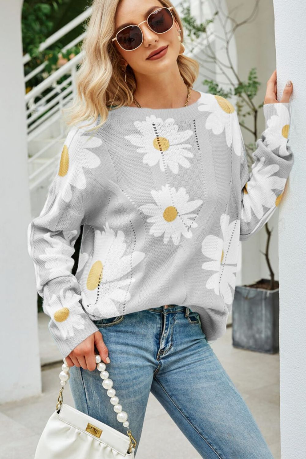 Daisy Print Openwork Round Neck Sweater Print on any thing USA/STOD clothes