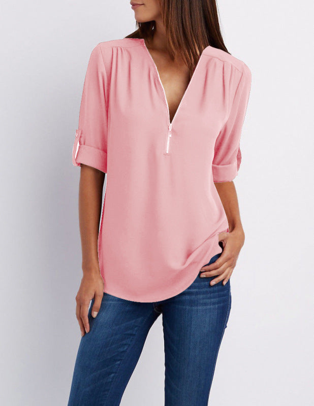 V-neck zipper large size long-sleeved pull-sleeve loose commuter chiffon shirt