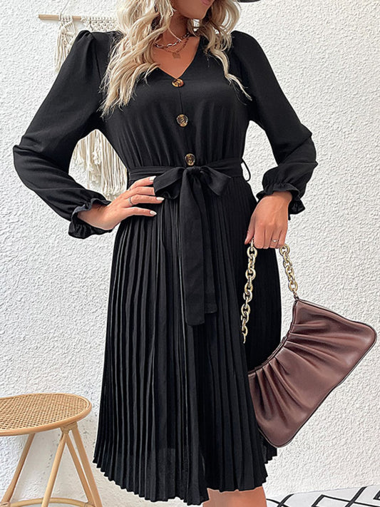 Decorative Button Belted Puff Sleeve Pleated Dress Print on any thing USA/STOD clothes