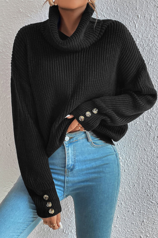 Decorative Button Turtleneck Dropped Shoulder Sweater Print on any thing USA/STOD clothes