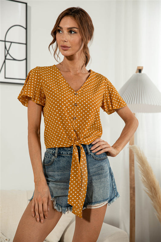 Decorative Button V-Neck Tied Blouse Print on any thing USA/STOD clothes