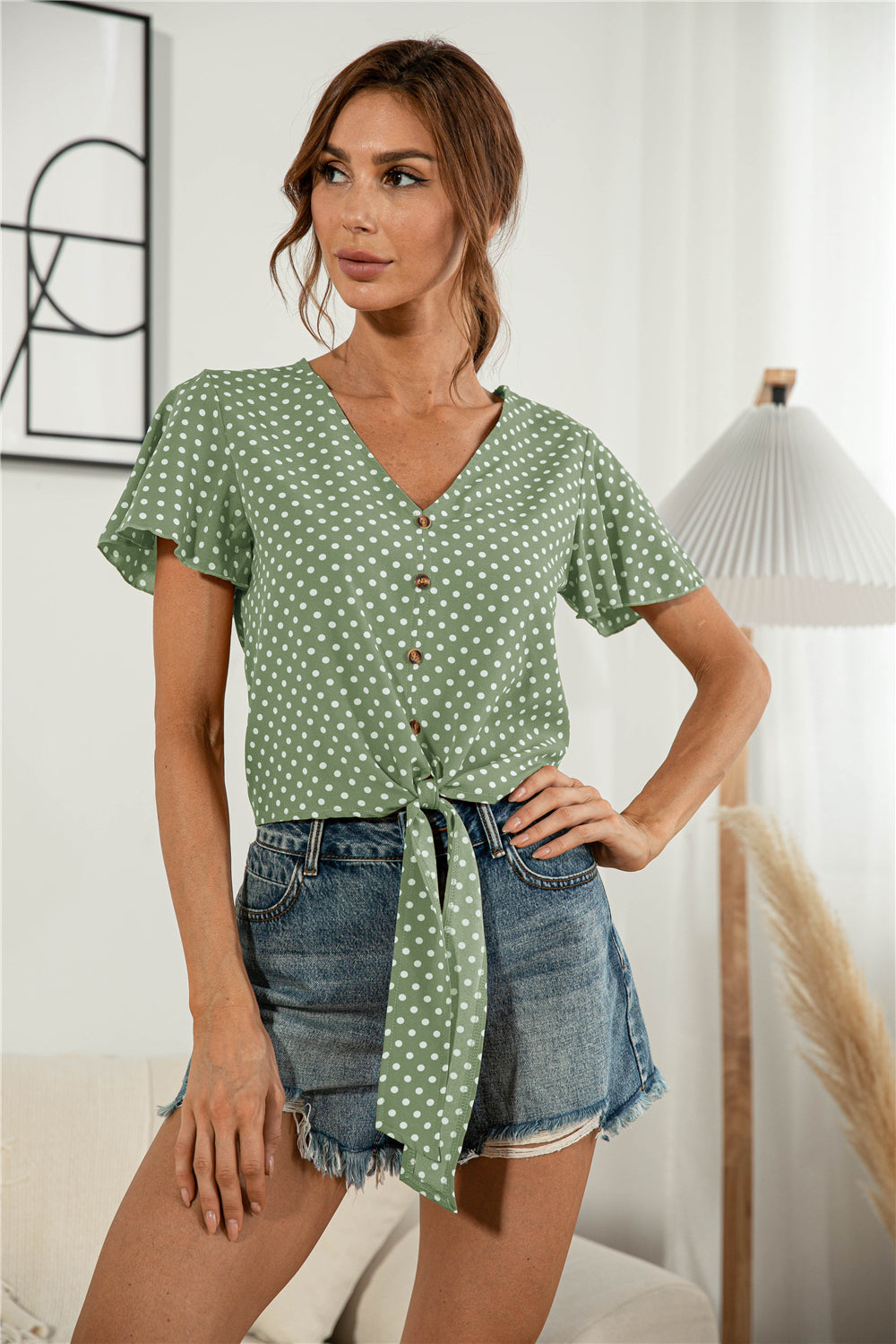 Decorative Button V-Neck Tied Blouse Print on any thing USA/STOD clothes