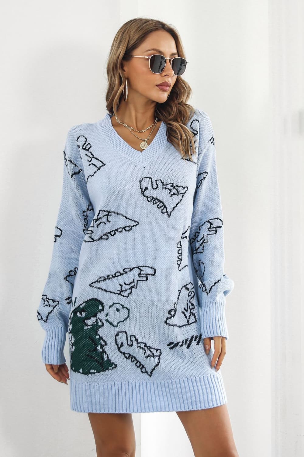 Dinosaur Pattern V-Neck Sweater Dress Print on any thing USA/STOD clothes