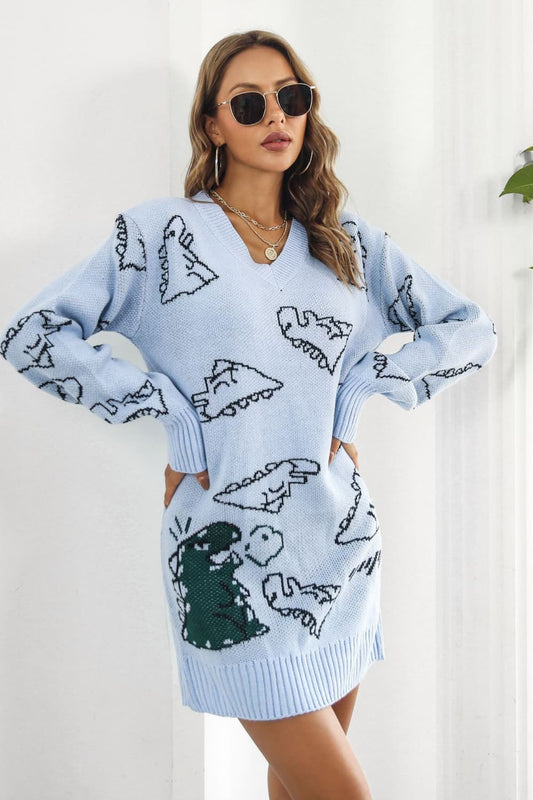 Dinosaur Pattern V-Neck Sweater Dress Print on any thing USA/STOD clothes