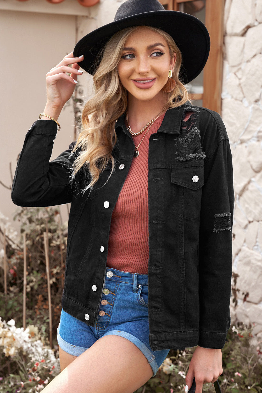 Distressed Button-Up Denim Jacket with Pockets Print on any thing USA/STOD clothes