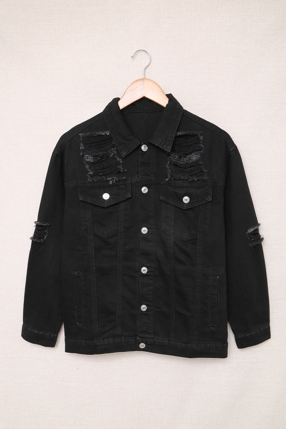Distressed Button-Up Denim Jacket with Pockets Print on any thing USA/STOD clothes