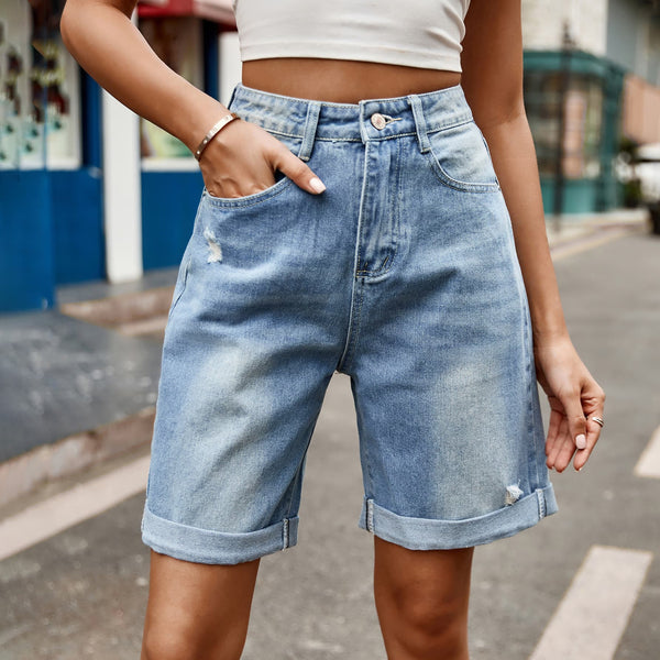 Distressed Buttoned Denim Shorts with Pockets Print on any thing USA/STOD clothes