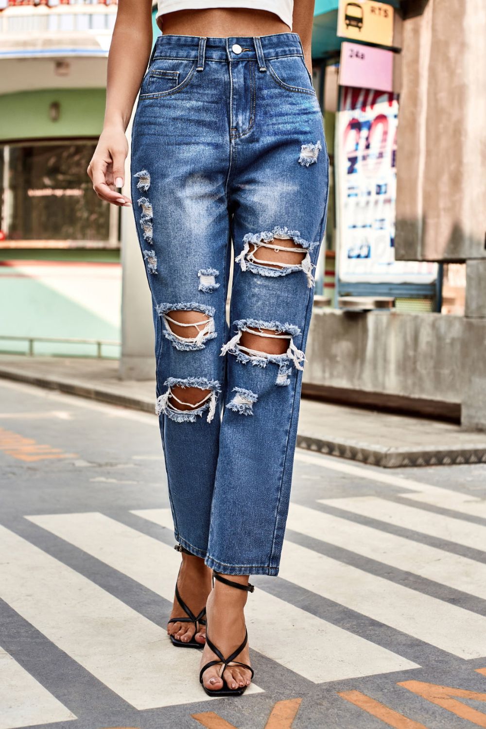 Distressed Buttoned Jeans with Pockets Print on any thing USA/STOD clothes